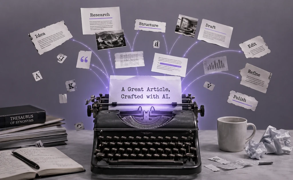 Editorial collage featuring a vintage paper-processing machine transforming scattered research documents into a polished manuscript, symbolizing how AI helps organize and accelerate content writing.