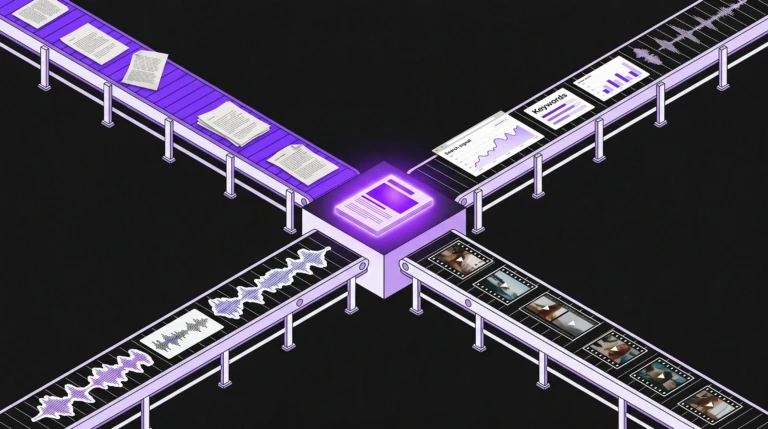 Editorial collage showing an overhead view of a content production factory floor split into four lanes — writing, SEO optimization, voice, and video — each carrying different content signals toward a glowing output point, representing how AI content creation tools work as specialized production infrastructure.