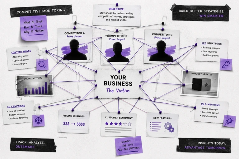 Surreal editorial collage of a detective-style investigation board connecting competitors, SEO, content, social media, pricing, reviews, and product updates with purple strings, symbolizing competitive monitoring and strategic analysis.