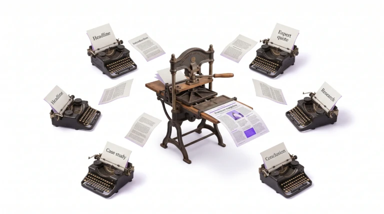 Surreal editorial photograph of a vintage printing press receiving article pages from six surrounding typewriters and producing one finished publication, symbolizing a content collaboration strategy where multiple contributors create a unified piece of content.