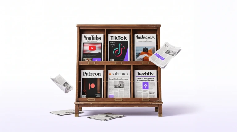 Surreal editorial photograph of a vintage newspaper stand displaying publications representing YouTube, TikTok, Instagram, Patreon, Substack, and beehiiv, symbolizing the leading platforms where modern creators publish and grow their audiences.