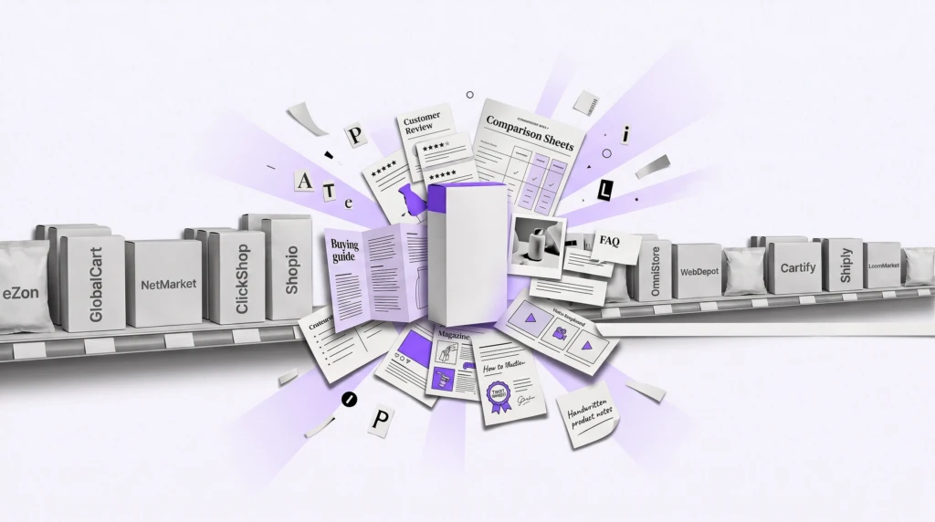 Editorial collage of a supermarket shelf where one product is surrounded by buying guides, reviews, comparison sheets, and editorial content while neighboring products remain plain, illustrating how content marketing differentiates eCommerce products.