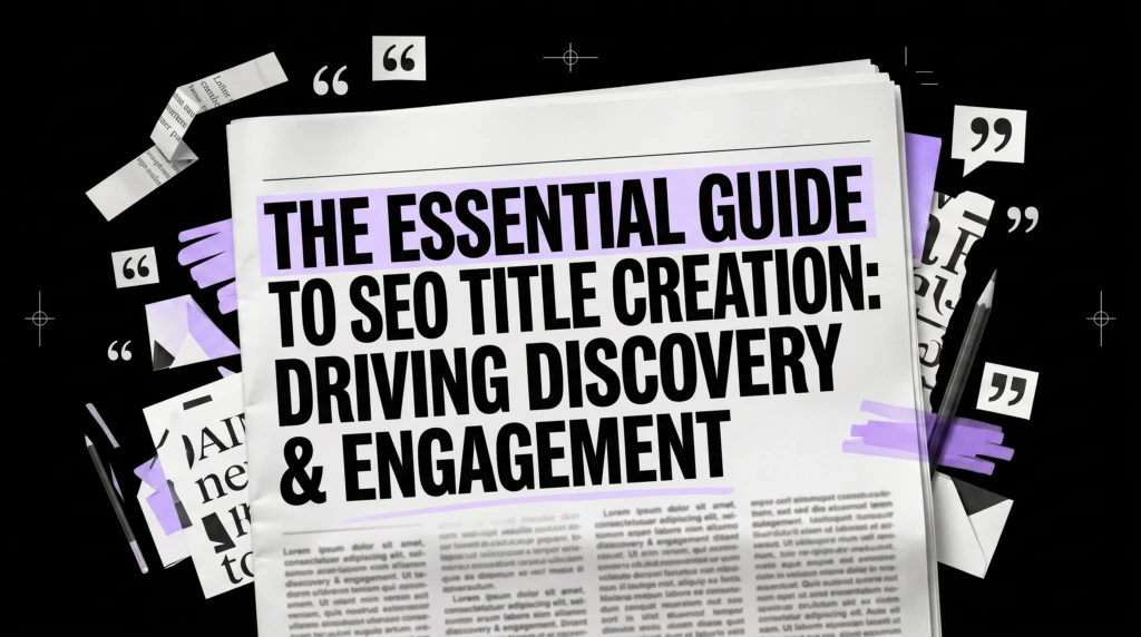 Editorial collage of a tailor's frame and shears trimming a glowing purple text ribbon, representing a precise SEO title creation approach.
