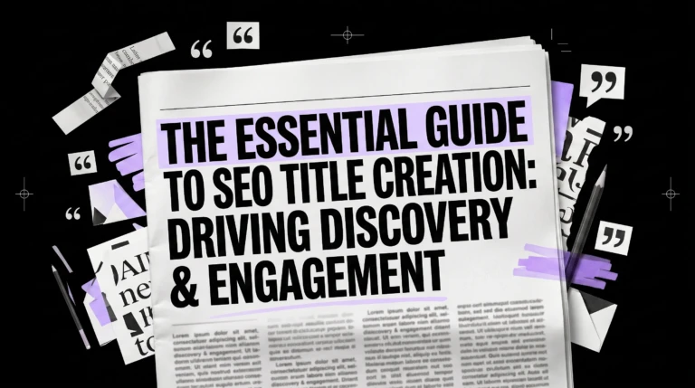 Editorial collage of a tailor's frame and shears trimming a glowing purple text ribbon, representing a precise SEO title creation approach.