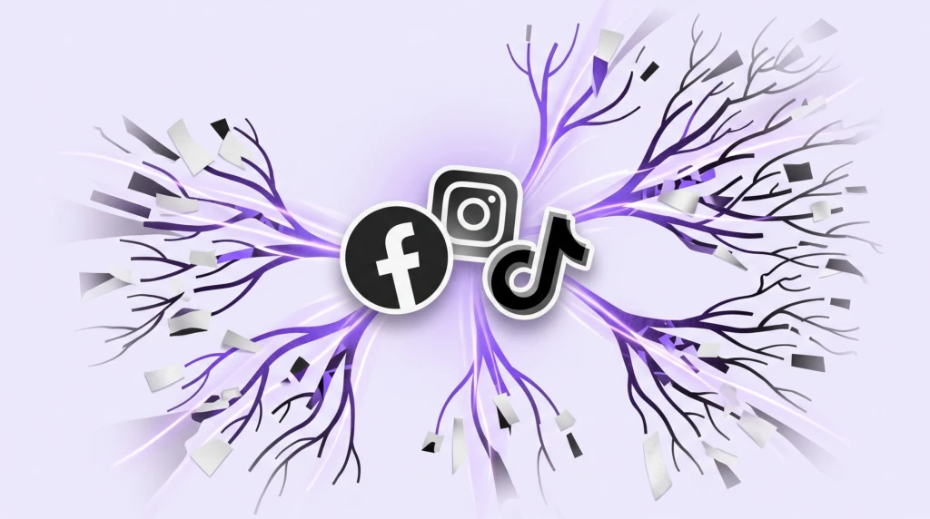 Editorial collage showing a single glowing object at the center of a vast branching network of light trails, representing how viral content compounds through organic sharing.