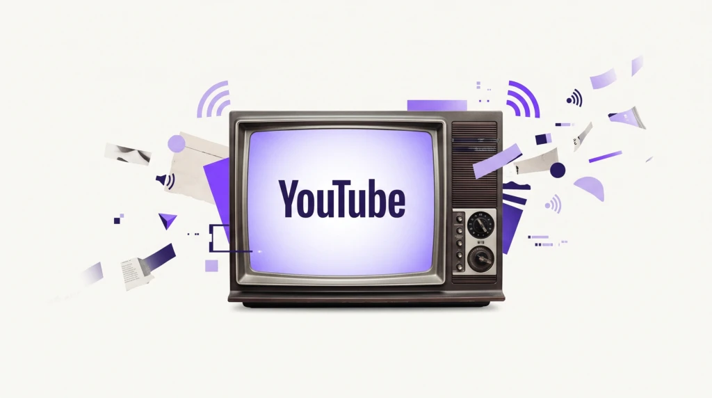 Editorial collage of a transmission tower with concentric signal rings expanding outward in deepening purple tones, representing the reach of a growing YouTube channel.