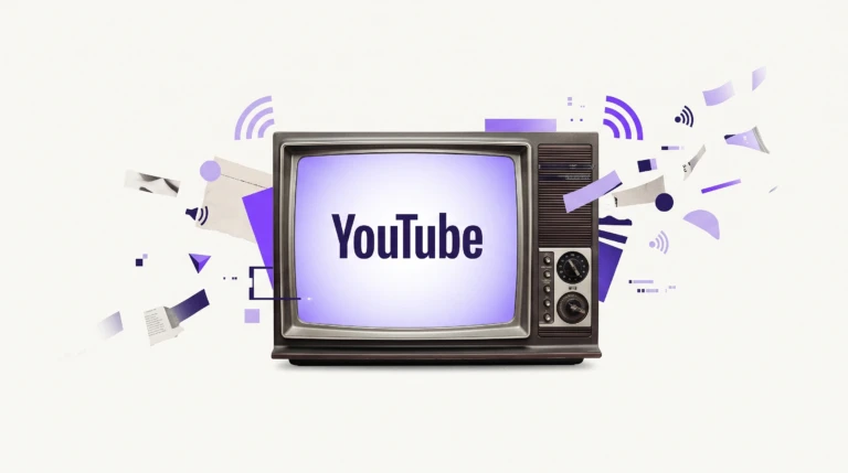 Editorial collage of a transmission tower with concentric signal rings expanding outward in deepening purple tones, representing the reach of a growing YouTube channel.
