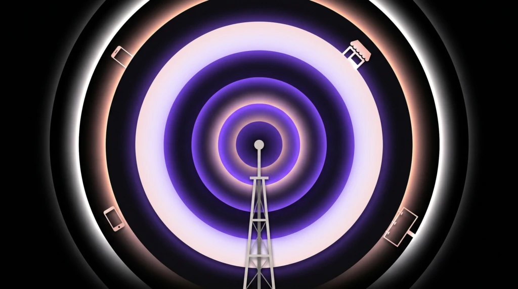 Editorial collage showing a broadcast tower emitting concentric purple signal rings that gradually illuminate objects at the periphery, representing brand awareness growing through social media reach.