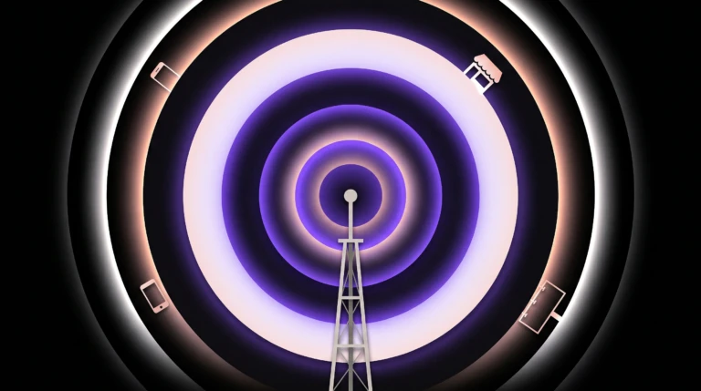 Editorial collage showing a broadcast tower emitting concentric purple signal rings that gradually illuminate objects at the periphery, representing brand awareness growing through social media reach.