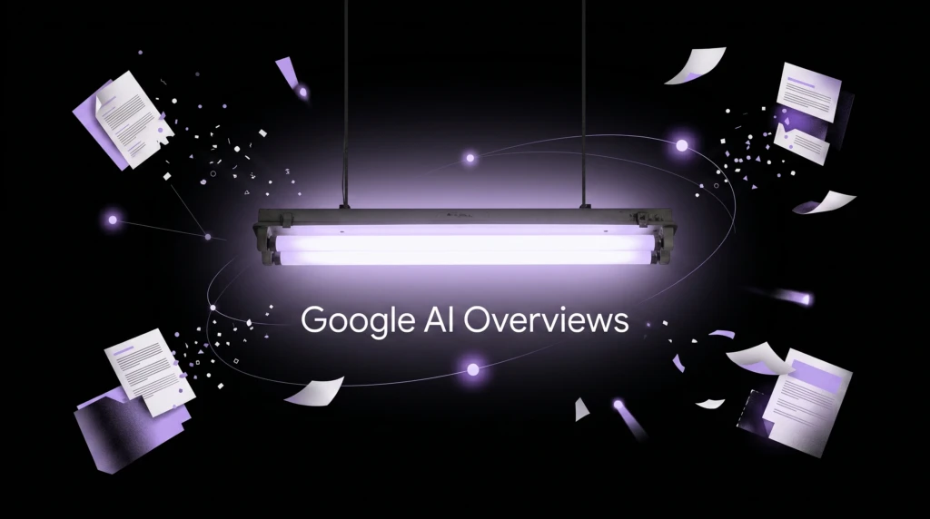 Editorial collage featuring a glowing vintage tubelight above the words 'Google AI Overviews,' surrounded by abstract digital fragments and data-inspired elements that symbolize multiple information sources being synthesized into a single AI-generated answer.