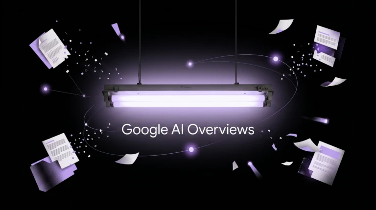Editorial collage featuring a glowing vintage tubelight above the words 'Google AI Overviews,' surrounded by abstract digital fragments and data-inspired elements that symbolize multiple information sources being synthesized into a single AI-generated answer.