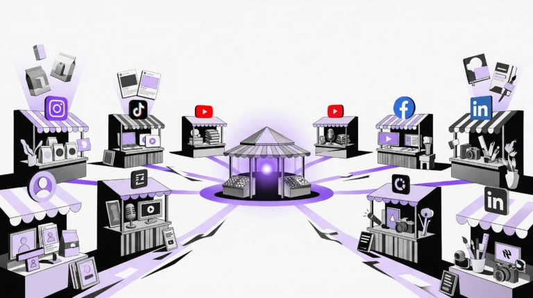 Editorial collage of an old-world marketplace transformed into a social media economy, with platform-branded stalls representing Instagram, TikTok, YouTube, Facebook, and other networks where creators and brands sell products, expertise, and content within a unified discovery and commerce ecosystem.