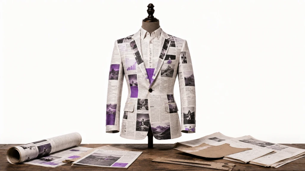 Surreal editorial photograph of a vintage tailor's mannequin dressed in perfectly fitted magazine pages while unfinished paper patterns rest nearby, symbolizing targeted content marketing through content tailored for a specific audience.