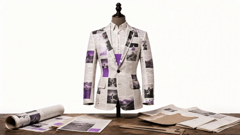 Surreal editorial photograph of a vintage tailor's mannequin dressed in perfectly fitted magazine pages while unfinished paper patterns rest nearby, symbolizing targeted content marketing through content tailored for a specific audience.