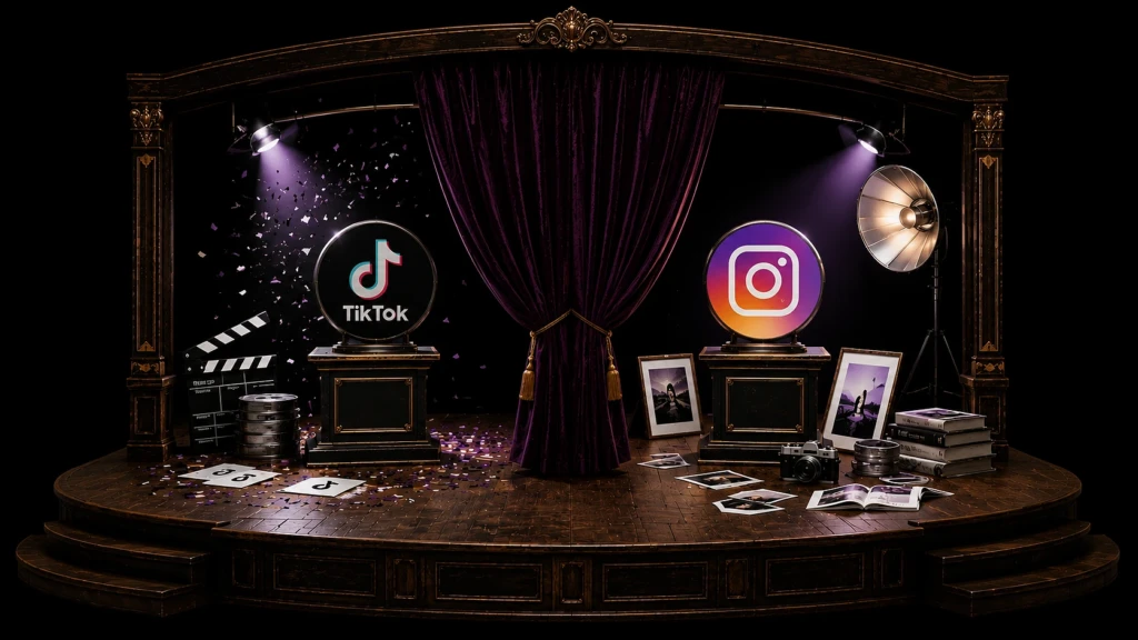 Surreal editorial photograph of a vintage theatre stage divided into two halves, with TikTok and Instagram displayed on separate stages connected by one continuous floor, symbolizing two distinct creative platforms within the same creator ecosystem.