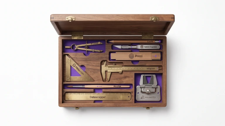 Surreal editorial photograph of an open vintage wooden toolbox containing nine antique craftsmanship tools, each engraved with the logo of a visual storytelling platform, symbolizing the essential toolkit for creating compelling visual content.