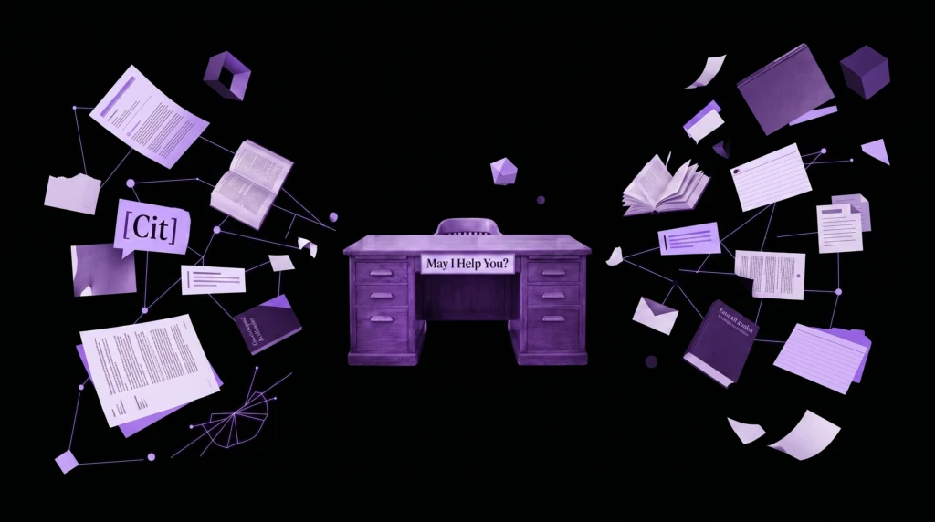 Editorial collage featuring a vintage “May I Help You?” desk surrounded by floating documents, books, and citation fragments being drawn toward the center, symbolizing how answer engines optimization (AEO) process gather information from multiple sources to create direct answers instead of relying on links.