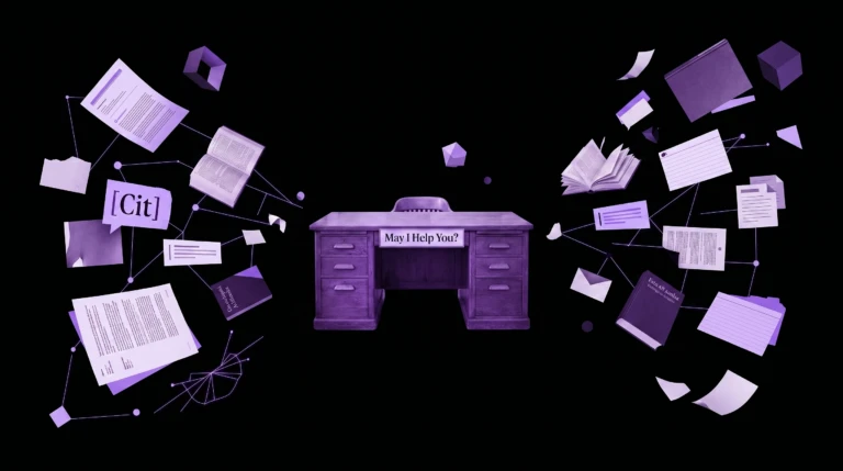 Editorial collage featuring a vintage “May I Help You?” desk surrounded by floating documents, books, and citation fragments being drawn toward the center, symbolizing how answer engines optimization (AEO) process gather information from multiple sources to create direct answers instead of relying on links.