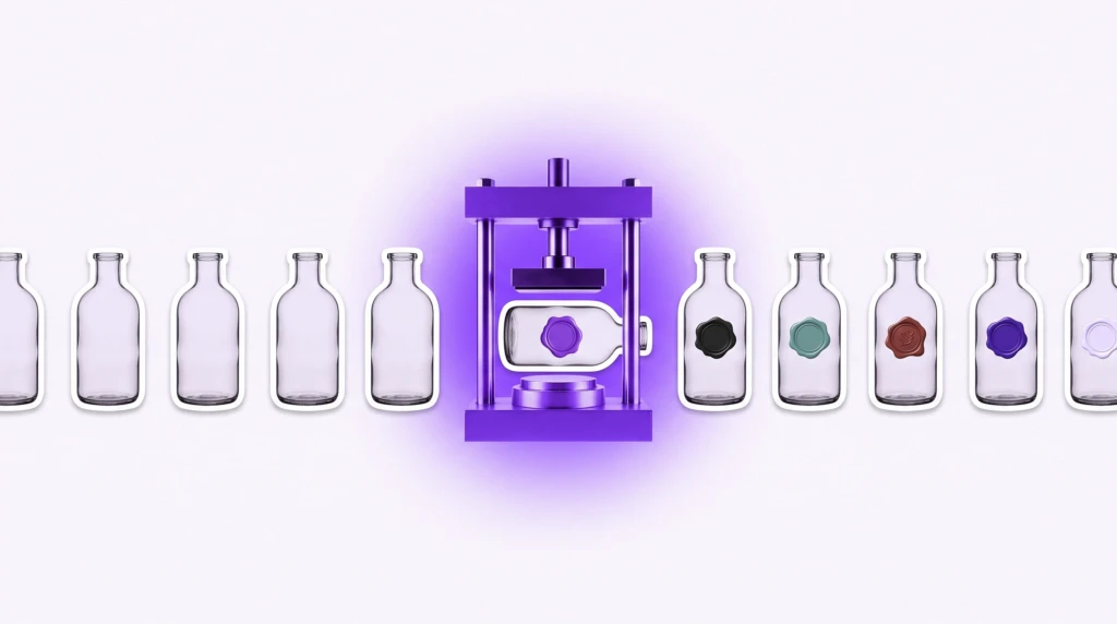 Editorial collage of unmarked glass vessels passing through a stamping station where each receives a distinct brand seal, illustrating how white label content marketing turns anonymously produced work into client-branded deliverables