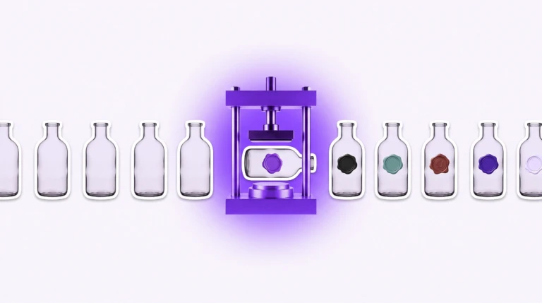 Editorial collage of unmarked glass vessels passing through a stamping station where each receives a distinct brand seal, illustrating how white label content marketing turns anonymously produced work into client-branded deliverables