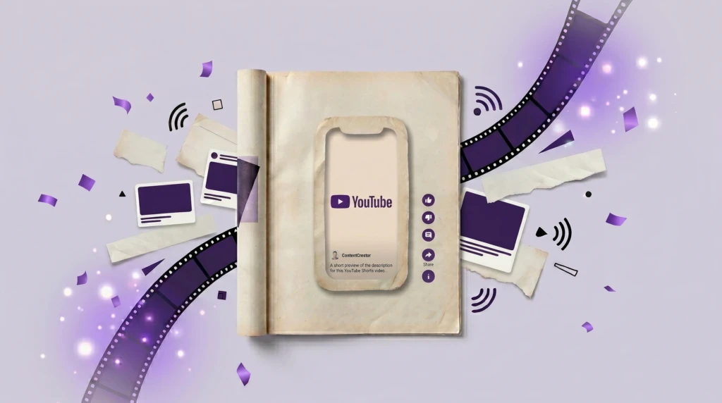Editorial collage showing a vintage magazine viewed from above with a vertical YouTube Shorts-style frame on its cover, surrounded by abstract content fragments and media-inspired elements that symbolize the reach and distribution of short-form video content.