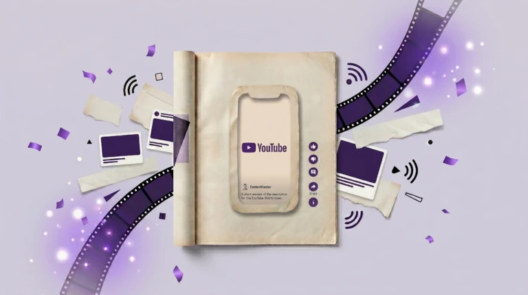 Editorial collage showing a vintage magazine viewed from above with a vertical YouTube Shorts-style frame on its cover, surrounded by abstract content fragments and media-inspired elements that symbolize the reach and distribution of short-form video content.
